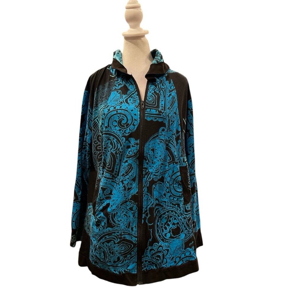 Aller Simplement XL green/black boho print pocketed lightweight zip up hoodie